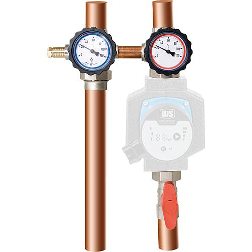 Pumpenabsperrset DN25 (1") mit Bypass, Vorlauf rechts ÜWM und Thermometer rot/blau