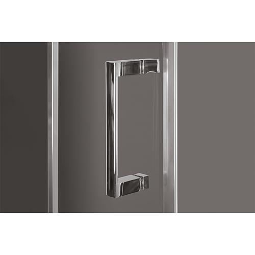 Eloa corner shower cubicle, 1 hinged door with fixed glass panel and stabilising rod, 1 side panel with stabilising rod