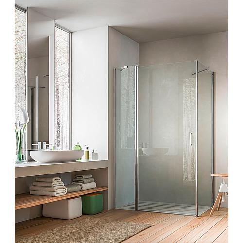 Eloa corner shower cubicle, 1 hinged door with fixed glass panel and stabilising rod, 1 side panel with stabilising rod