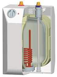 Druckloser Warmwasserspeicher mit kurzen Zulaufrohren für geringen Wärmeverlust