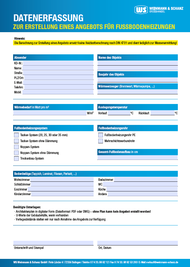 <p>Fußbodenheizung Planungsformular FBH</p> 