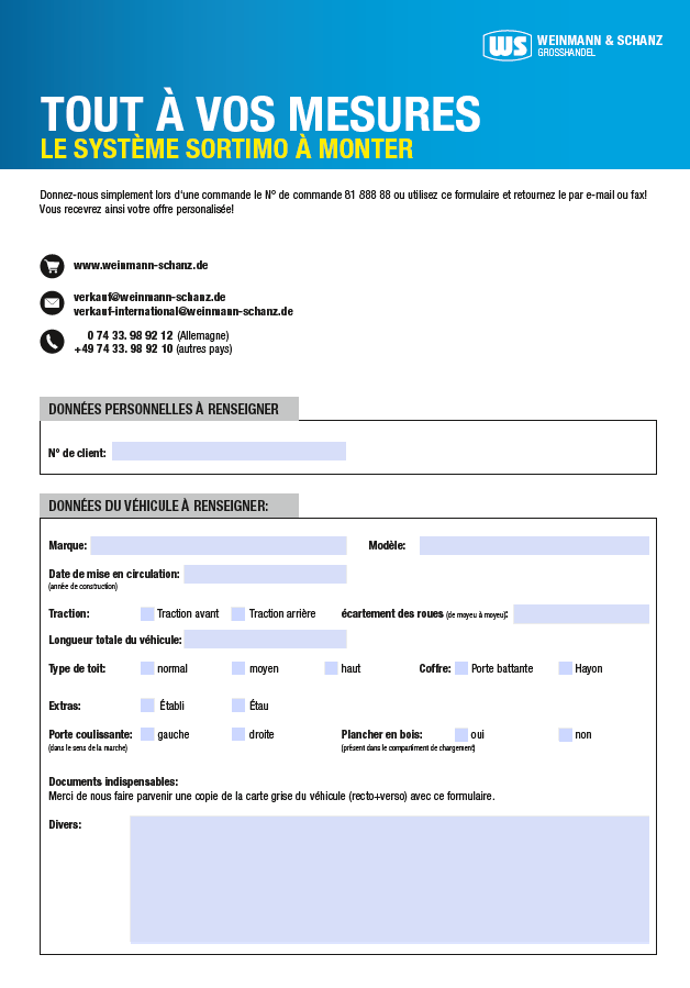 <p>Données du véhicule Sortimo</p> <p>&nbsp;</p> 