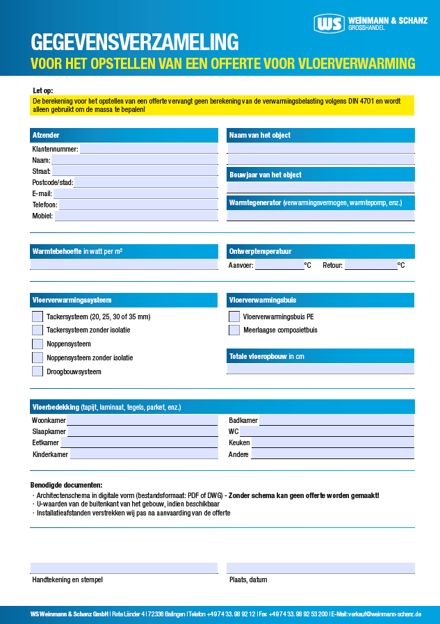 <p>Benodigde gegevens voor vloerverwarming</p> 
