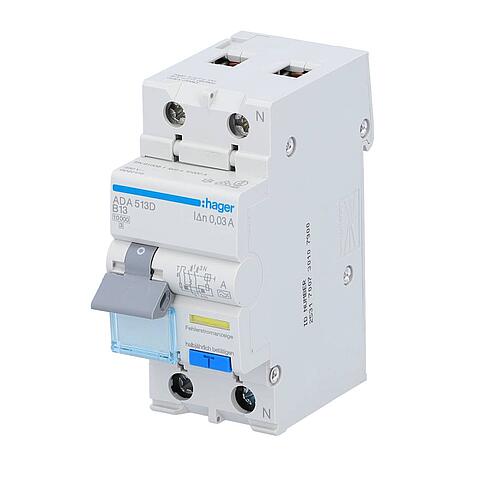 Interrupteur FI/LS Hager 1p+N,type A,B13A,30mA,10 kA ADA513D