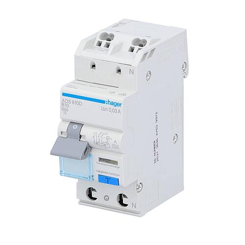 Interrupteur FI/LS Hager 1p+N,Type A,B10A,30mA,6 kA ADS910D, QuickConnect