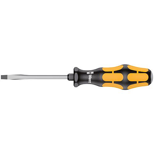 Slotted screwdriver with impact cap, full-length blade with hexagon, black point tip