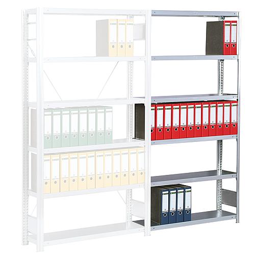 Office shelving unit with 6 steel shelves, mounting shelf, shelf load 150 kg, bay load 2000 kg, width 1285 mm Anwendung 1