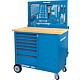 Roller workbench 1504 with wooden work surface, lowerable back wall and range of hooks Standard 1