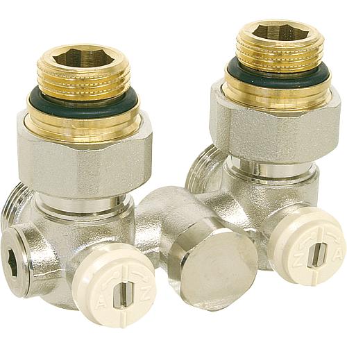 Double-ball valve screw connection (DN15), angled, with bypass Standard 1