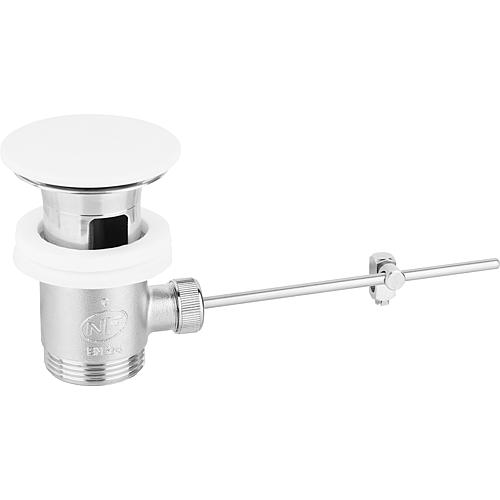 Eccentric fitting DN 32 (1 1/2"), matt chromium-plated brass, with excenter plugs Corian (white mineral composite) Standard 1