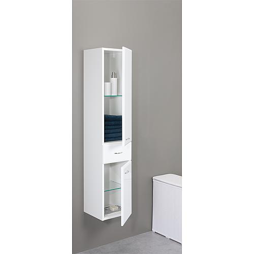 Tall cabinet series MAC, 2 doors, 1 drawer, high-gloss white Left stop 300x1440x320 mm