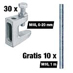 Vorteilspaket Trägerklammer M10, Spannbereich 0-20 mm, 30 Stück + Gratis Gewindestangen M10, 1 m, 10 Stück 