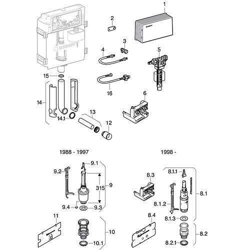 Spare parts for Twinline flush-mounted cistern (flush-mounted 130, 110.800) from 1988 model Standard 1